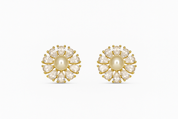 Brinco flor cravejado com pérola shell