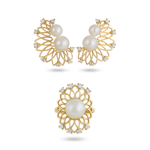 Conjunto brincos e anel com pérolas linha luxo