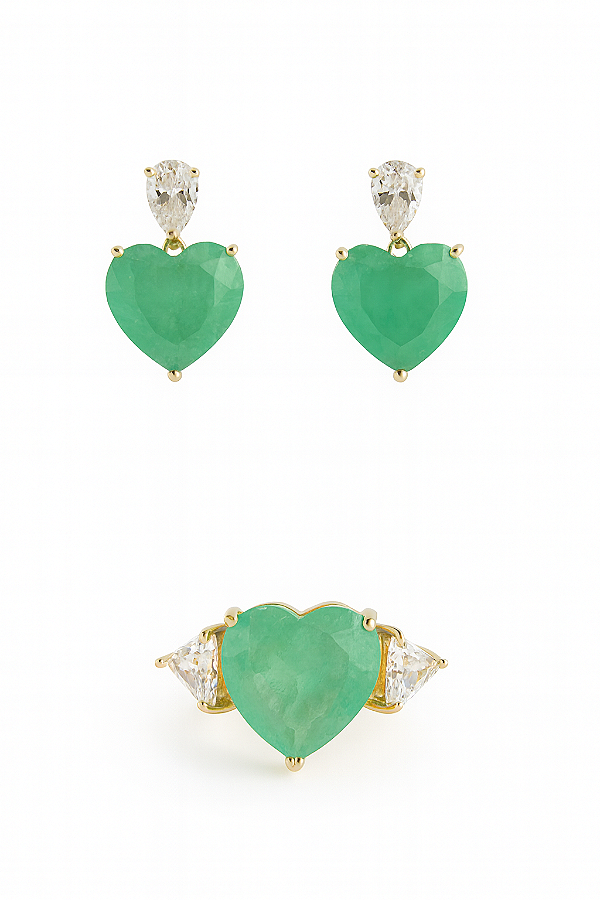 Conjunto brincos e anel coração pedra turmalina fusion