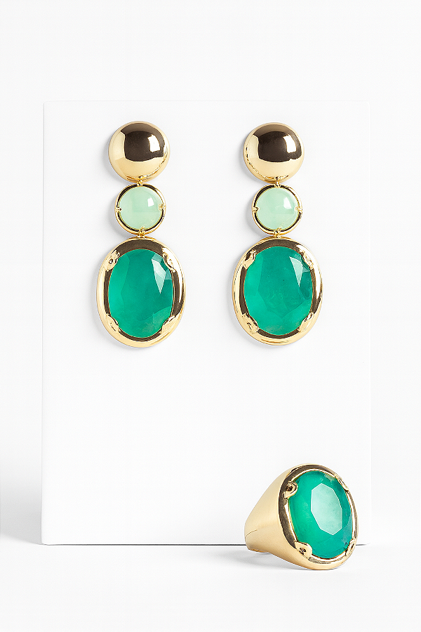 Conjunto brinco e anel na pedra turmalina Fusion original