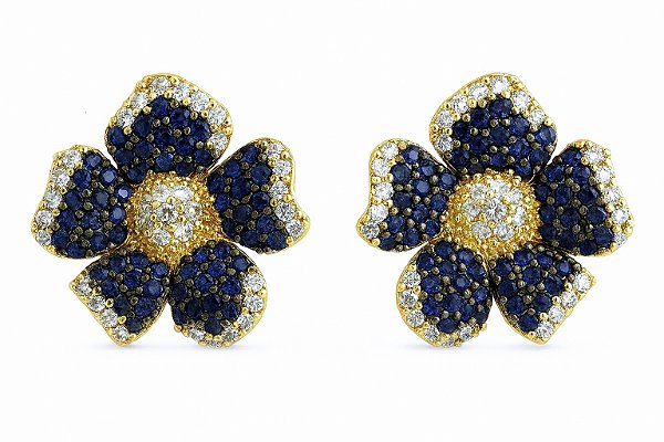 Brinco flor cravejado em zircônia safira azul