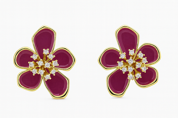 Brinco flor com reina pink e zircônia cristal