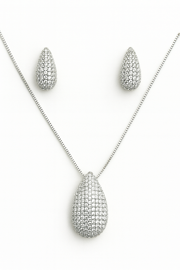 Conjunto gota cravejado em zircônia cristal banho ródio branco