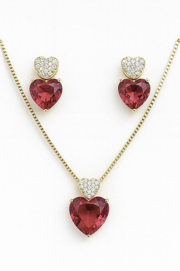 Conjunto dois corações pedra vermelha rubi