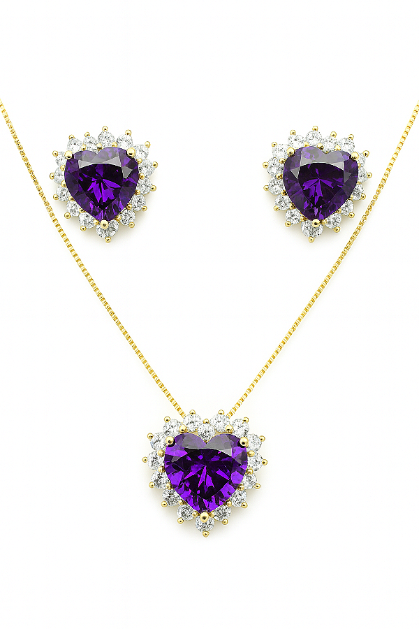 DUPLICADO - Conjunto coração pedra roxa com zircônia nas laterais