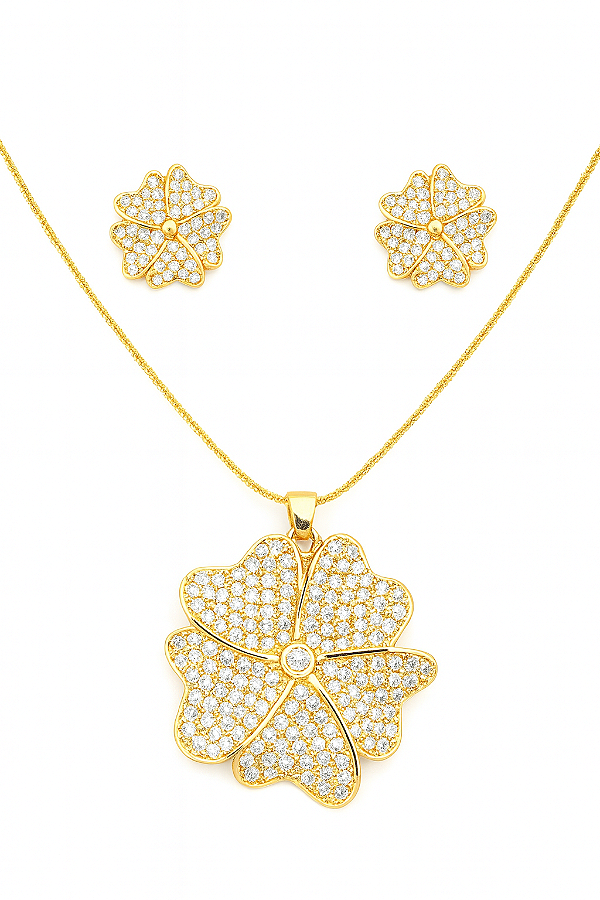 Conjunto flor cravejado em zircônia cristal