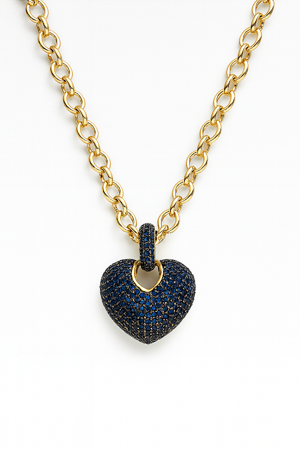 Colar coração azul corrente elo português