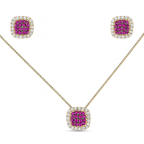 Conjunto quadrado cravejado em zircônia rosa pink