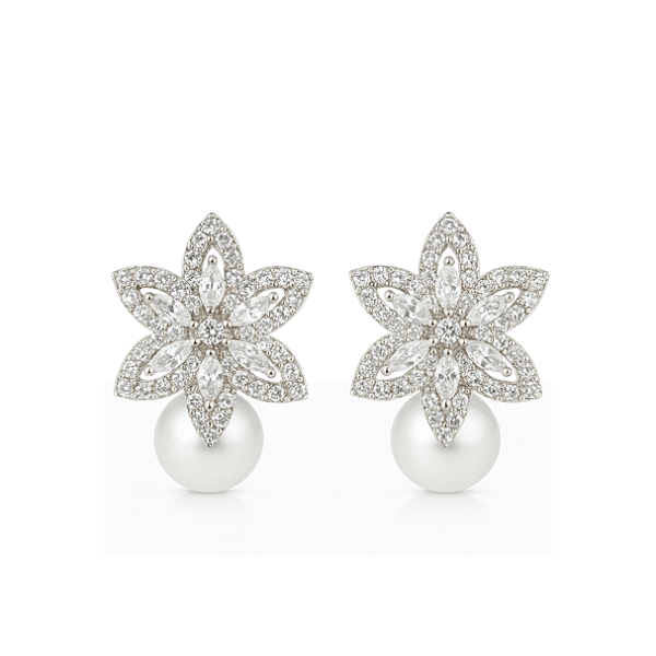 Brinco flor com pérola shell pedras zircônia cristal banhado a prata - noivas casamento