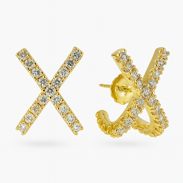 Brinco ear hook X cravejado em zircônia banhado a ouro 18k amarelo