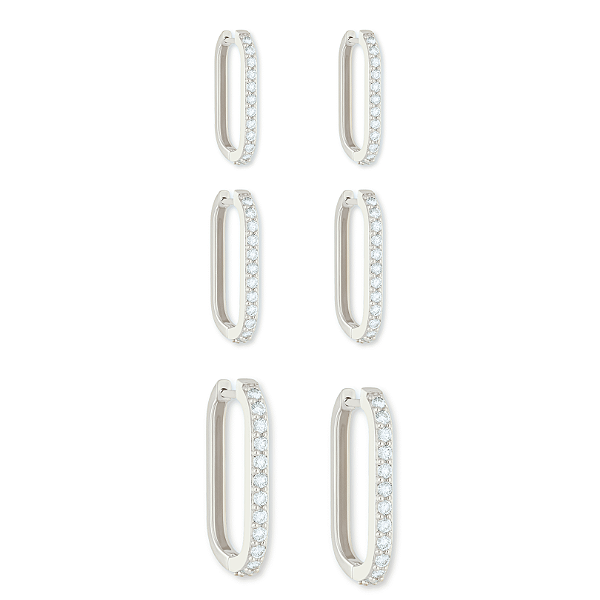 Brinco trio de argolas finas cravejadas em zircônia cristal banhada a ródio branco