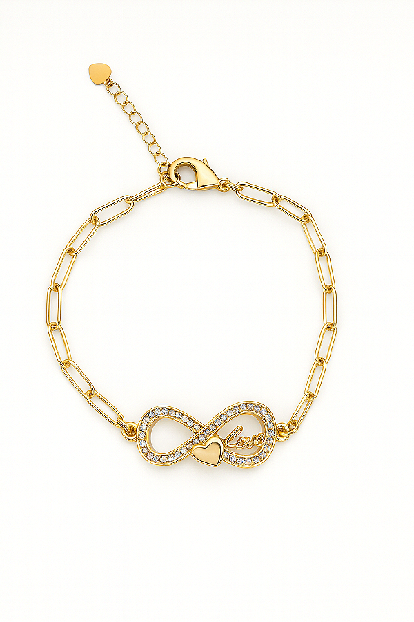Pulseira infinito com coração love cravejada em zircônia cristal banhada a ouro 18k dourado