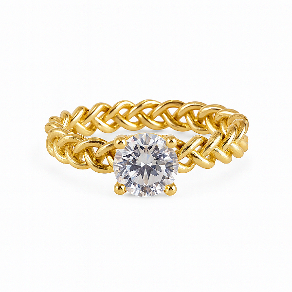 Anel solitário zircônia cristal base trancada banhado a ouro 18k dourado