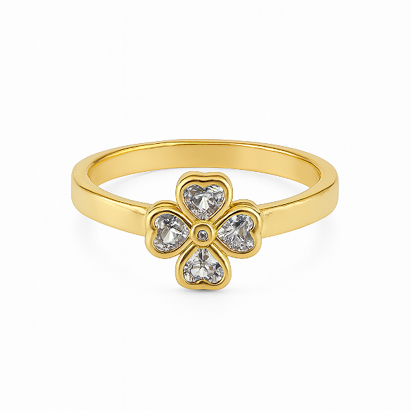 Anel trevo de quatro folhas sorte pedra zircônia cristal banhado a ouro 18k