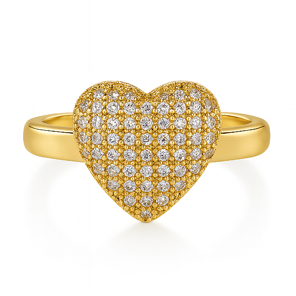 Anel coração cravejado em microzircônia cristal banhado a ouro 18k dourado coração com 1,2 cm de espessura