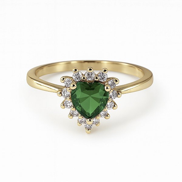 Anel coração pedra verde esmeralda banhado a ouro 18k dourado
