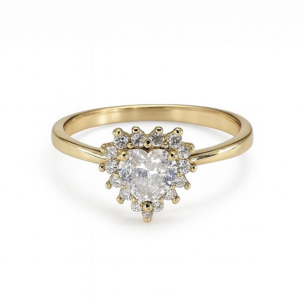 Anel coração pedra cristal transparente banhado a ouro 18k dourado
