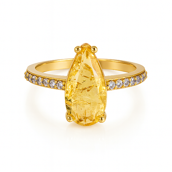 Anel gota pedra amarelo citrino banhado a ouro 18k dourado