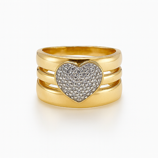 Anel coração 3 em 1 com pedra zircônia cristal transparente banhado a ouro 18k dourado
