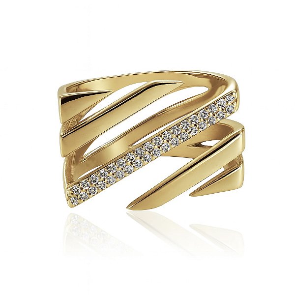 Anel placa vazado com cravação em zircônia ia banhado a ouro 18k dourado