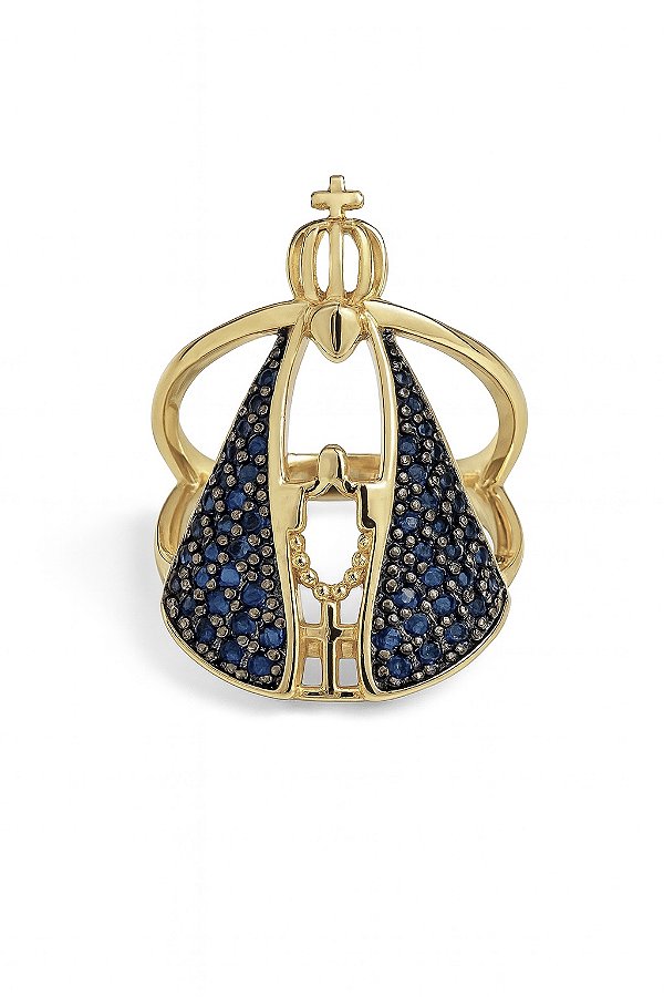 Anel Nossa Senhora Aparecida com pedra zircônia azul Safira católico banhado a ouro 18k amarelo