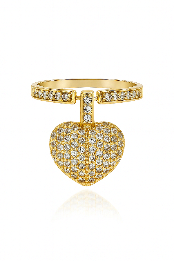 Anel com coração de pingente cravejado em zircônia cristal transparente banhado a ouro 18k amarelo