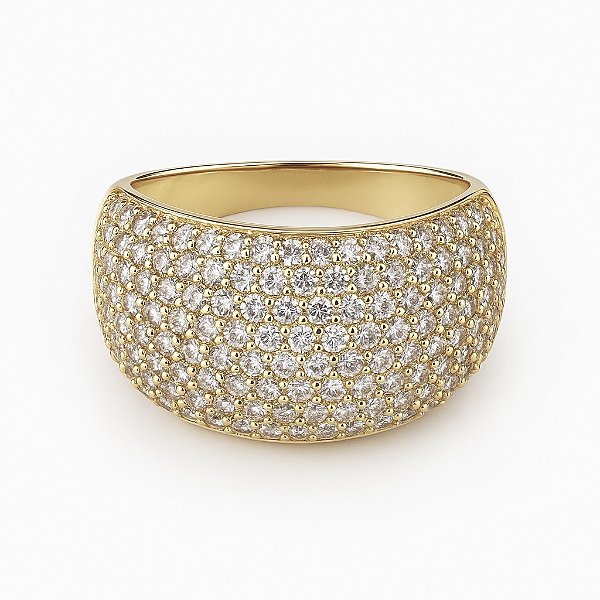 Anel grosso luxo cravejado em microzircônia cristal transparente banhado a ouro 18k amarelo