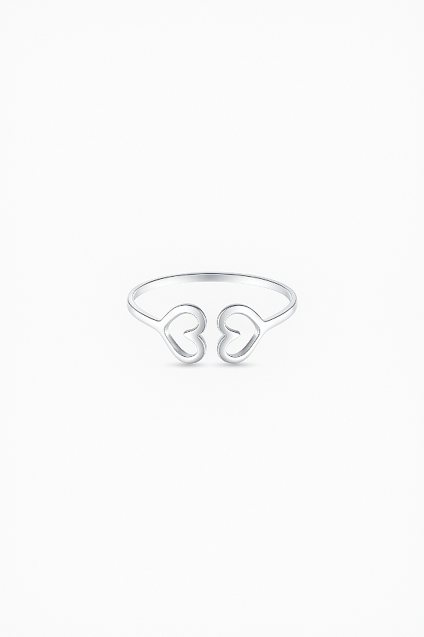 Anel 2 corações regulável liso na prata 925