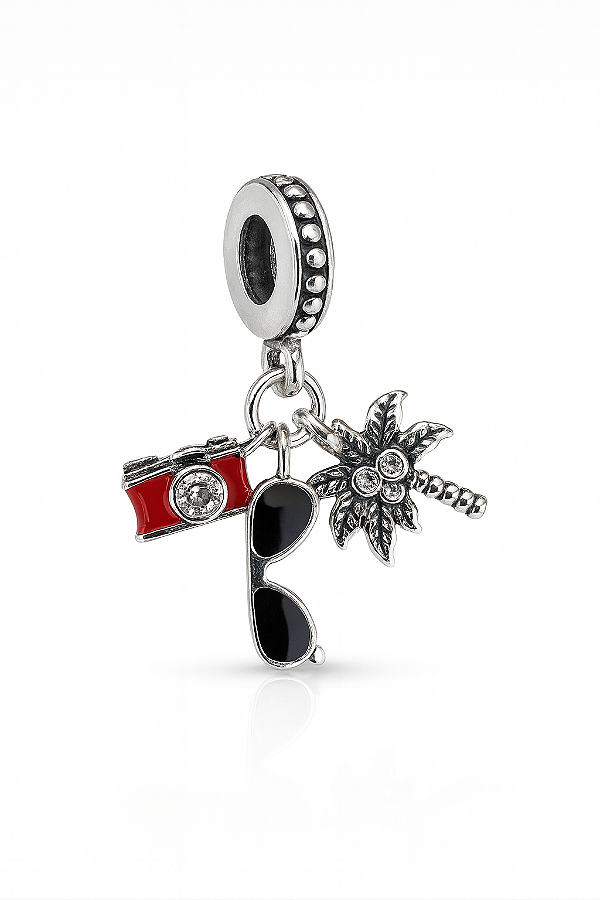 Berloque férias pé de coco óculos e câmera prata 925