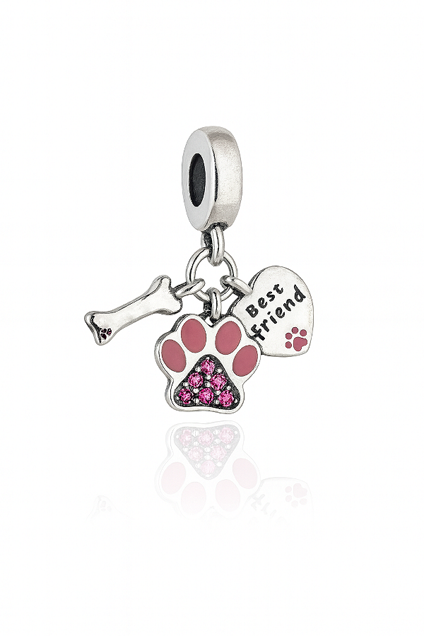 Berloque Pet best friend com zircônia rosa  pink prata 925