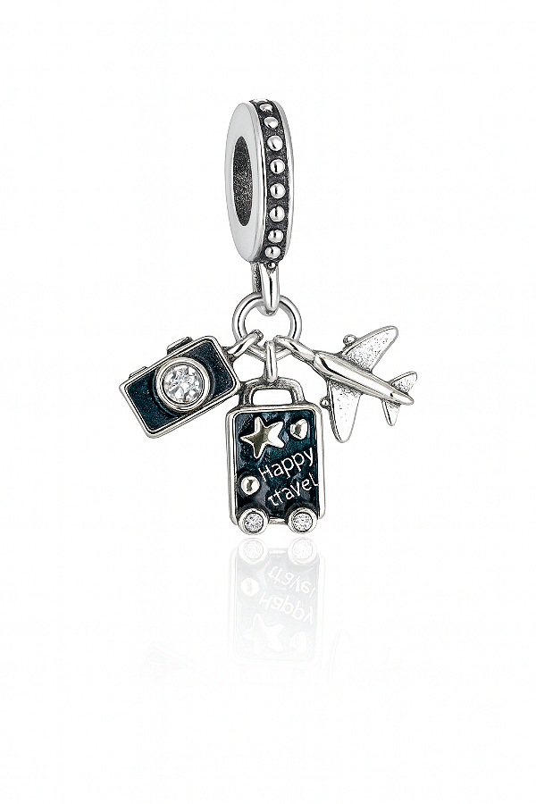 Berloque viagem mala avião e câmera fotográfica prata 925