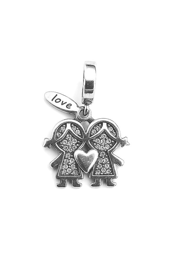 Berloque 2 filhas meninas cravejada em zircônia cristal prata 925