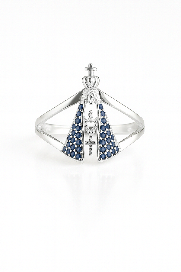 Anel Nossa Senhora Aparecida zircônia azul Safira prata 925