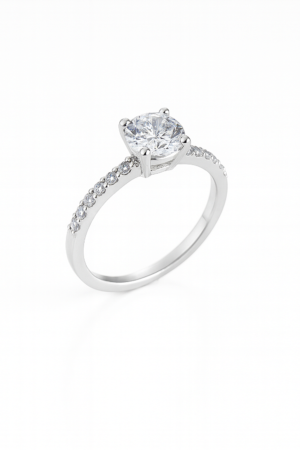 Anel solitário cravejado nas laterais zircônia cristal prata 925 pedra 0,5 mm