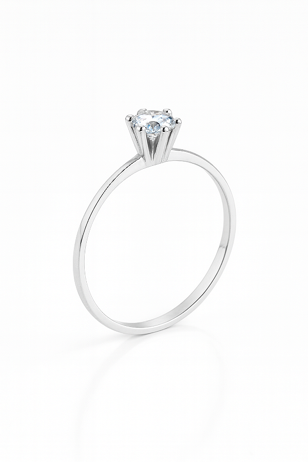 Anel solitário tradicional ponto de luz cristal prata 925