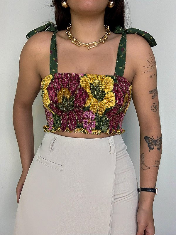 Blusa Cropped Estampada Jardim Farm