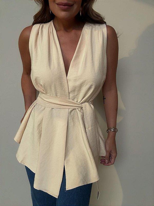 Blusa Transpassada Fiorella Bege Creme