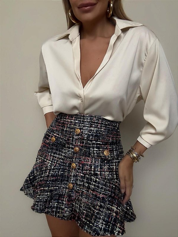Saia Tweed Curta Babado Fiorenza Preta