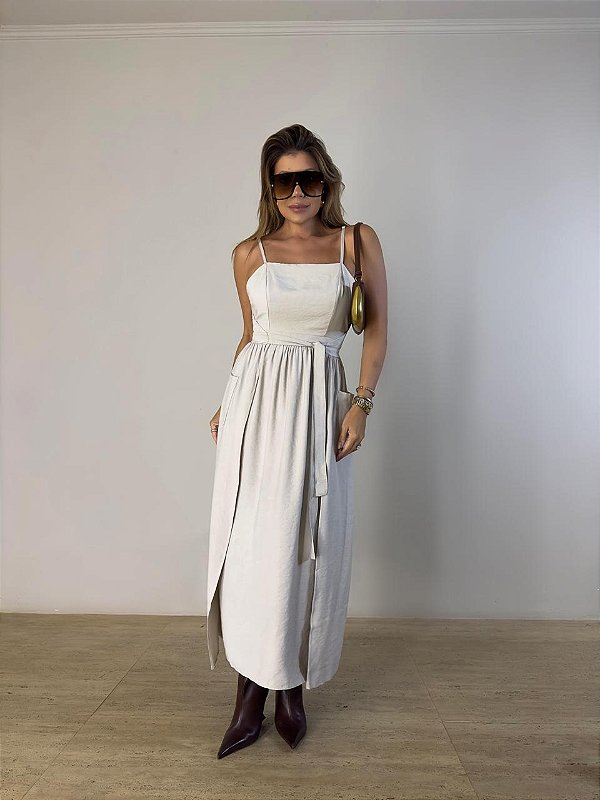 Vestido Midi Transpassado Fiorenza Bege Acinzentado