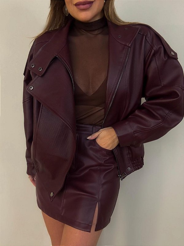 Maxi Jaqueta Courino Gola Alta Novera Vermelho Bordô