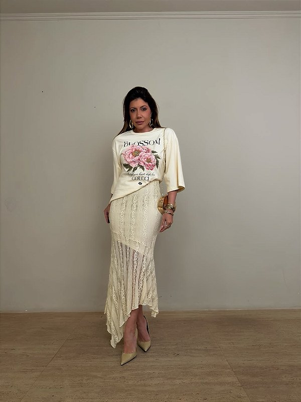 Saia Midi Renda Valmont Bege Creme