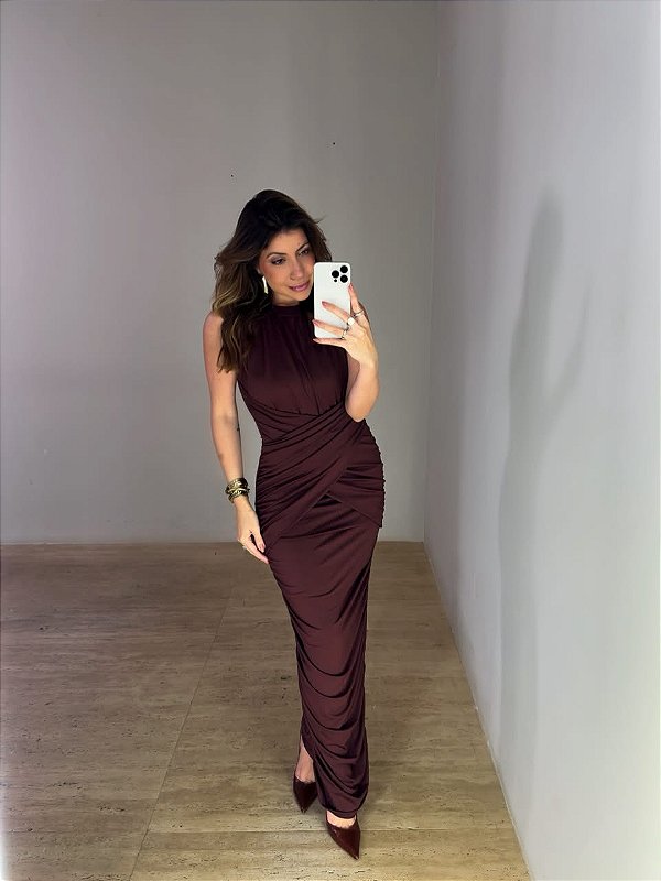 Vestido Midi Drapeado Alba Marrom