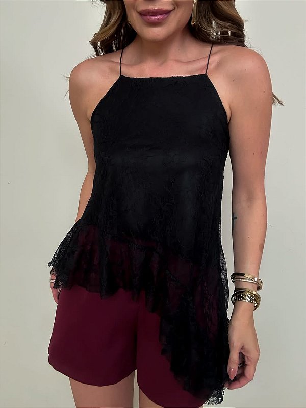 Blusa Renda Assimétrica Aurélia Preta