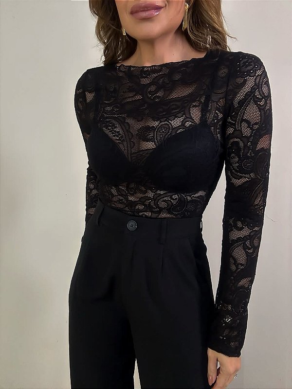 Blusa Renda Assimétrica Francesca Preta