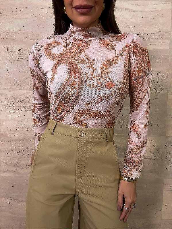 Blusa Tule Estampada Amalfi Bege Claro