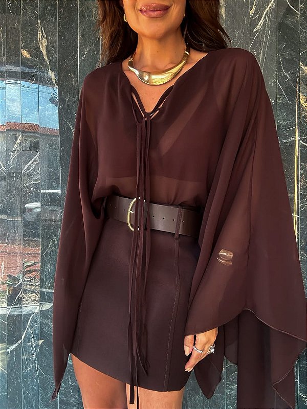 Blusa Bata Transparência Francesca Marrom