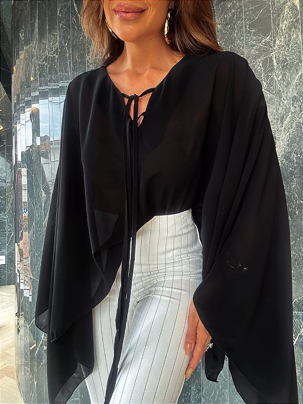 Blusa Bata Transparência Francesca Preta