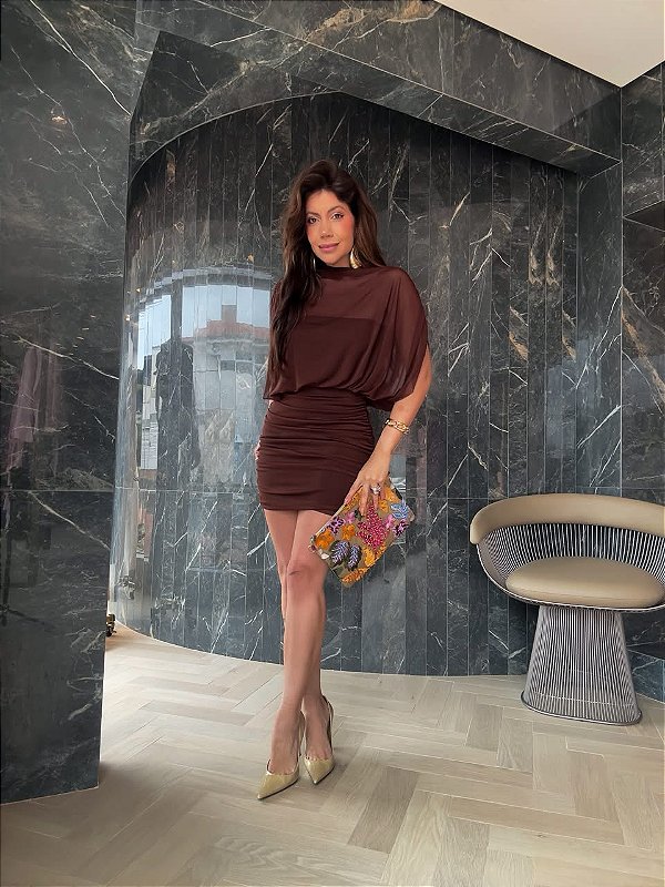 Vestido Curto Tule Valentina Marrom