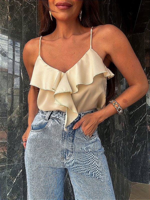 Cropped Babado Celeste Bege Claro