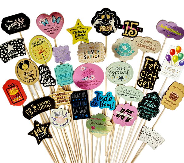 KIT C/32 PLAQUINHAS DECORATIVAS EM MDF - DIVERSOS